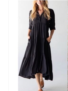 Natural Life Black Tiered Collared Midi maxi Dress pockets shirt dress women XL